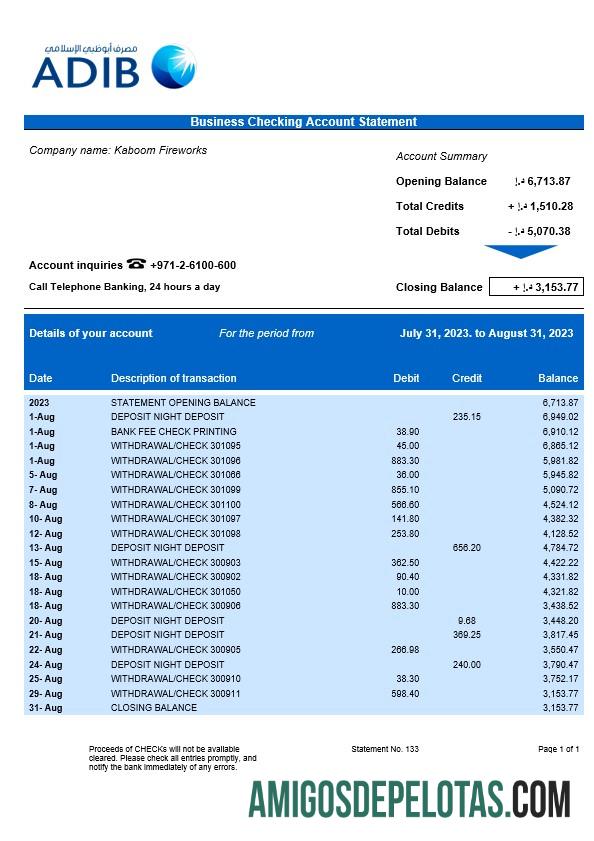 Em branco Abu Dhabi Islamic empresa bancária extrato de conta corrente modelo Word e PDF